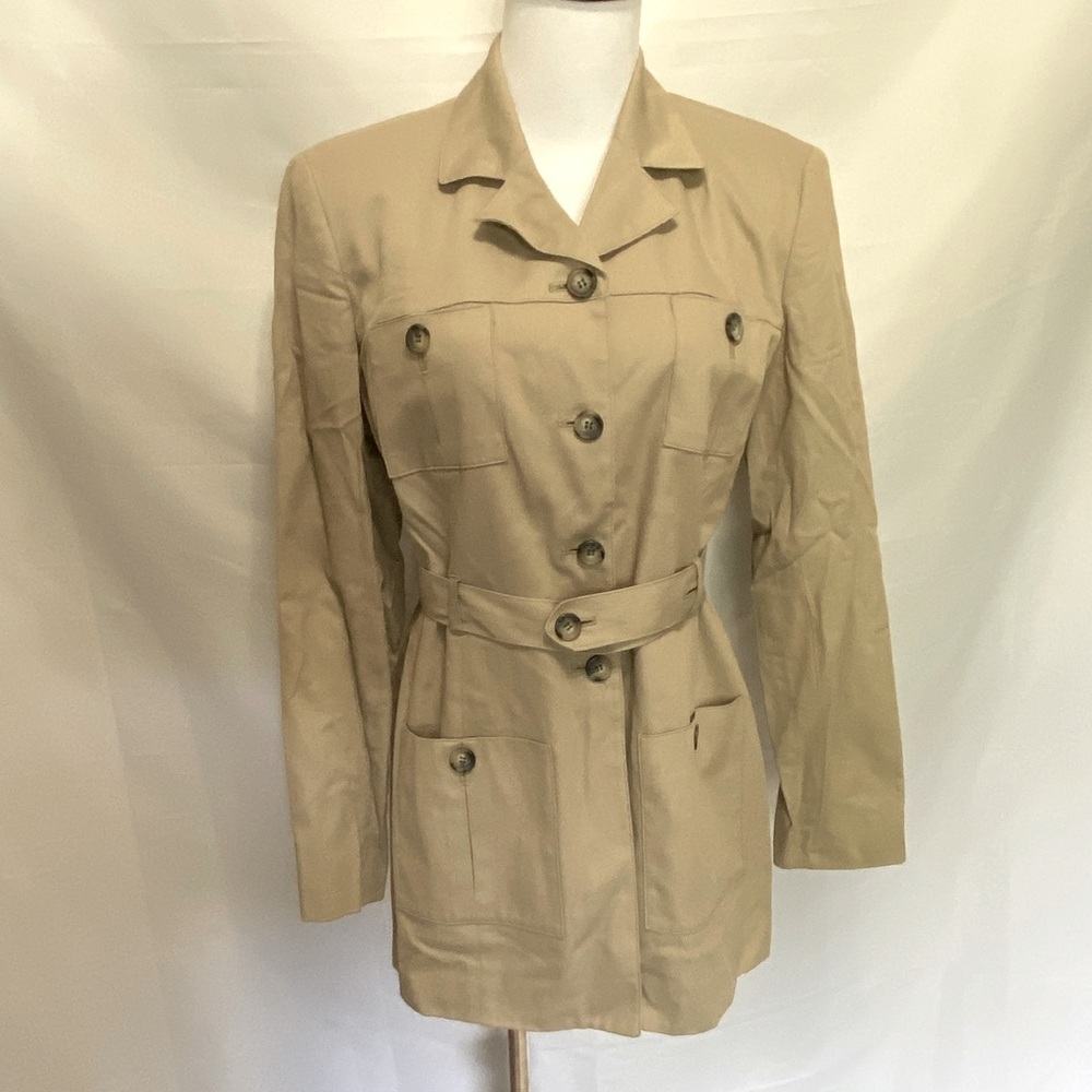 Casual Corner long khaki jacket has belt & pockets